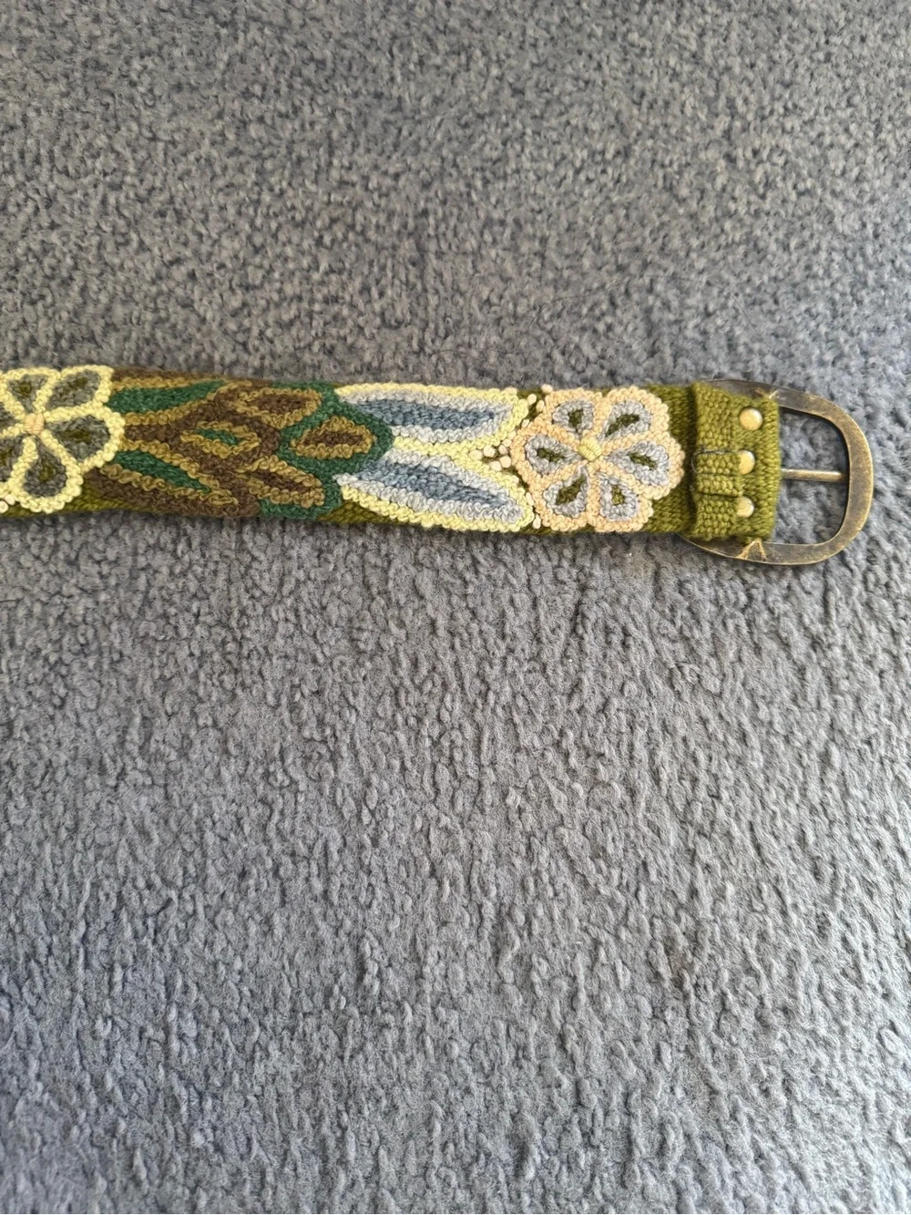Green Embroidered Floral Wool Belt with Brass Buckle
